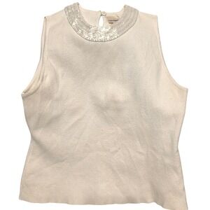 Vintage von Saken Womens White Sleeveless Beaded Neckline Knit Top ‎ Made in USA